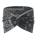 Detail shot of black bohemian headwrap featuring a classic white paisley print and twist knot - Black Paisley Twist Knot Style (7)