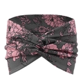 Close-up of bohemian yoga headband with dark grey floral print and twisted knot detail - Dark Grey Pink Floral Style (19)