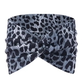 Detail view of the twisted knot and leopard print fabric on wide yoga headband - Grey Leopard Twist Knot Style (16)