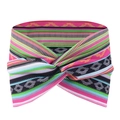 Detail of bohemian striped headband showing high-elasticity knit fabric and twist knot - Colorful Geometric Stripe Twist Knot Style (13)