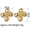 Detailed view of 18K gold plated vintage flower stud earrings with 4cm size dimensions - Four-Petal Flower Center Bead Earrings (SFLE615)