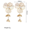 Detailed view of vintage gold hollow flower earrings with pearl and size measurements - Wire Woven Pearl Floral Dangles (SFLE723)
