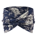 Bohemian style wide elastic headband featuring navy blue floral print and cross-knot design - Blue With White Floral Style (18)