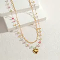 Double-layered gold chain necklace with colorful resin beads and a heart pendant - Heart Pendant Double Layer (S-N2185-ax)
