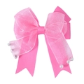 Detail of pink handmade double bow hair clip with lace ribbon, glitter gauze and pearls - Rose Red