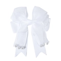 Close-up of white double layered bow hair clip with sheer mesh and hanging pearls - White
