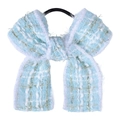 Detail of light blue tweed bow hair tie with silver metallic thread and elastic band - Blue Striped Ribbon