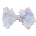 Detailed view of handmade sequin bow hair clip with light blue and pink mesh flowers - Blue Flower