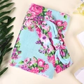Detail of floral baby swaddle blanket and matching headband set with pink rose patterns - Light Blue