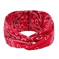 Détail d'un bandeau paisley rouge avec un nœud torsadé élégant sur fond blanc neutre - Rouge