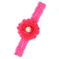 Diadema elástica de encaje para bebé con flor de gasa rosa fucsia y perla central - Rosa Roja