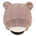 Newborn baby knitted beanie with cute bear ears in light coffee color on a model head - Brown