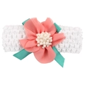 Diadema elástica de ganchillo blanco con flor de gasa coral y hojas verde menta - Flor Rosa Coral Banda Blanca