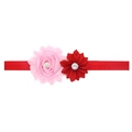 Elastic baby headband with red floral design, pink fabric rose and rhinestone detail - Pink and Red