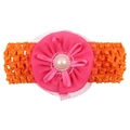 Elastisches orangefarbenes Häkelstirnband für Babys mit großer rosa Chiffonblume und Perle - Rosa Blume Oranges Band