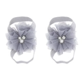 Grey chiffon flower barefoot sandals with lace and pearls for newborn baby girls - Gray