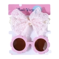 Bandeau bébé avec nœud en dentelle rose et lunettes de soleil fleurs sur carte - Rose Dentelle