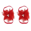 Rote Chiffon-Blumen-Barfußsandalen für Babys mit Perlen- und Strasssteindekoration - Rot