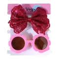 Ensemble bandeau à nœud en dentelle rouge foncé et lunettes de soleil fleur rose - Bordeaux Couleur Dentelle