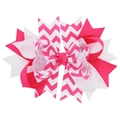 Pink and white layered grosgrain ribbon bow hair clip with herringbone wavy print - Rose Red