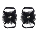 Infant barefoot sandals with black chiffon lace flowers and white pearl accents - Black