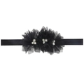 Bandeau élastique noir pour bébé avec trois fleurs en tulle, perles blanches et strass - Noir