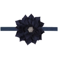 Navy blue elastic baby headband with layered fabric flower and rhinestone center - Navy Blue