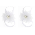 White chiffon lace baby barefoot sandals set with faux pearls and rhinestones - White