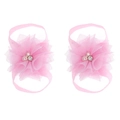 Pink chiffon lace flower barefoot sandals for infants with pearls and rhinestones - Pink