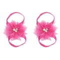 Rose red baby barefoot sandals with pleated lace flowers, pearls and rhinestones - Rose Red