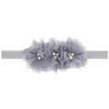 Bandeau élastique gris pour bébé avec trois fleurs en tulle, perles et strass - Gris