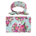 Detail view of baby floral swaddle blanket and matching rabbit ear headband set in light blue - Sky Blue Floral Style (4)