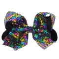Barrette à gros nœud à paillettes de 8 pouces avec motif d'écailles arc-en-ciel - Noir Multicolore