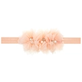Bandeau élastique bébé avec trois fleurs en tulle pêche, perles et strass - Bourgeon de Neige