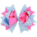 Pink and blue chevron pattern grosgrain ribbon hair bow for girls with wavy layered design - Rose Red