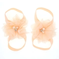 Infant barefoot sandals with three apricot lace mesh flowers and faux pearls - Snow Bud