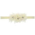 Bandeau élastique en dentelle pour bébé avec trois fleurs en tulle crème et perles - Blanc Cassé