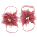 Pink chiffon lace flower barefoot sandals for infants with pearls and rhinestones - Dust Rose