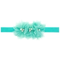 Bandeau bébé vert menthe avec trois fleurs en maille faites main et perles - Bleu Turquoise