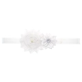 White flower baby headband with satin petals, faux pearl center, and elastic band - White