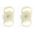 Elastic baby barefoot sandals with light yellow mesh flowers and pearl accents - Creamy White
