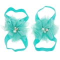 Pair of mint green chiffon flower barefoot sandals with lace and pearls for baby girls - Turquoise Blue