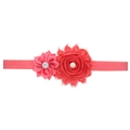 Elastic coral pink baby headband featuring a satin sunflower and raw edge rose with pearl - Watermelon red