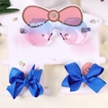Kids gradient heart sunglasses set with royal blue bow hair clips on pink card - Hexagon Glasses and Blue 3D Butterfly