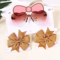 Pink heart gradient sunglasses with brown ribbon bow hair clips set on display card - Heart Glasses and Brown Hexagon Bowknot