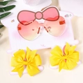Pink heart-shaped sunglasses with HAPPY text and yellow bow hair clips set - Heart Glasses and Yellow Hexagon Bowknot