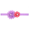 Elastic baby headband featuring a purple chiffon flower with pearl and a pink satin rose - Light Purple and Watermelon Red