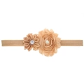 Elegant champagne baby headband with chiffon flower, pearl center, and sparkling rhinestone - Light Coffee