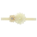 Beige infant elastic headband with satin flower, chiffon petals and pearl detail - Milk White