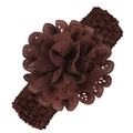 Elastic brown crochet headband for baby girls featuring a large hollow out flower detail - Coffee